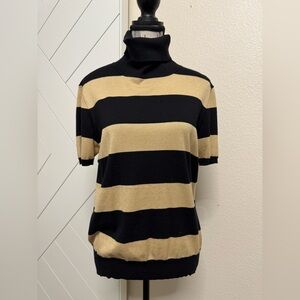 Ralph Lauren Black and Tan Striped Silk Knit Short-Sleeve Turtleneck Top